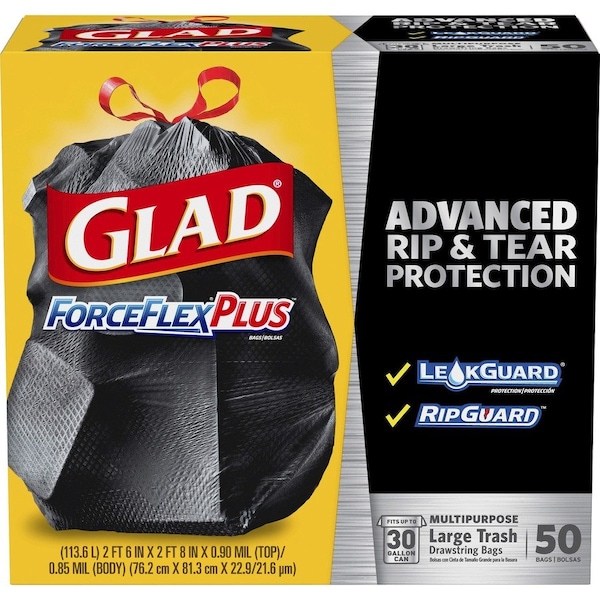 Glad 30 gal Trash Bags, L, 0.9 mm, Black, 3 PK CLO78997CT - main